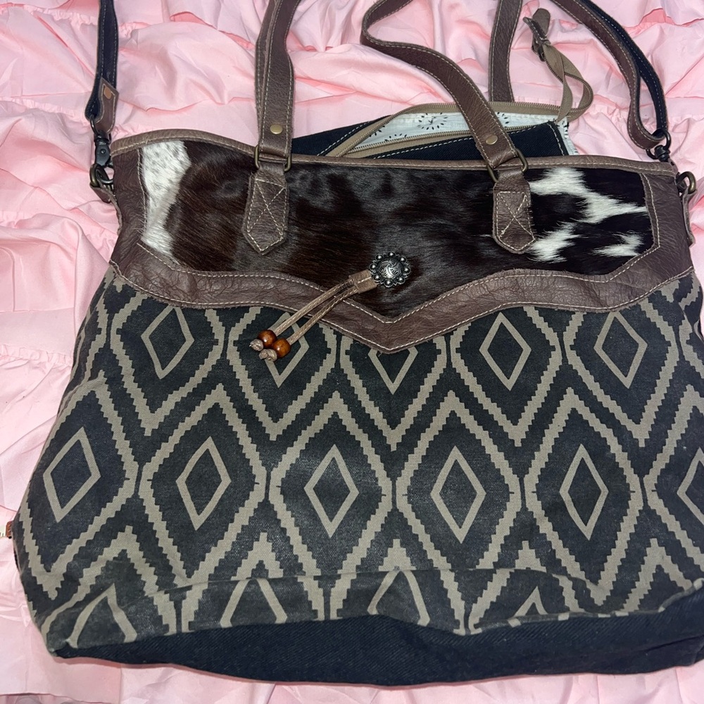 Myra Bag Black and Brown Geometric Tote